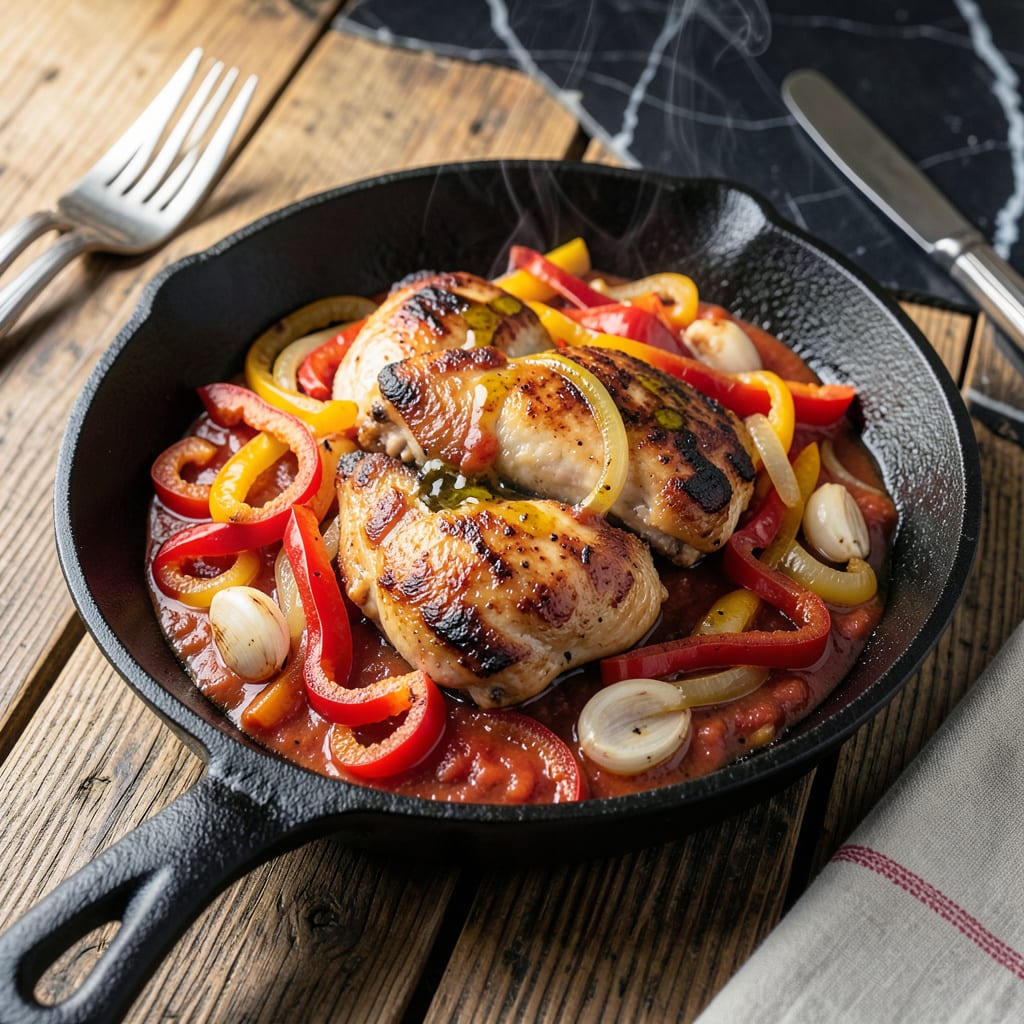 Visual representation of chicken peppers onions tomato sauce recipe