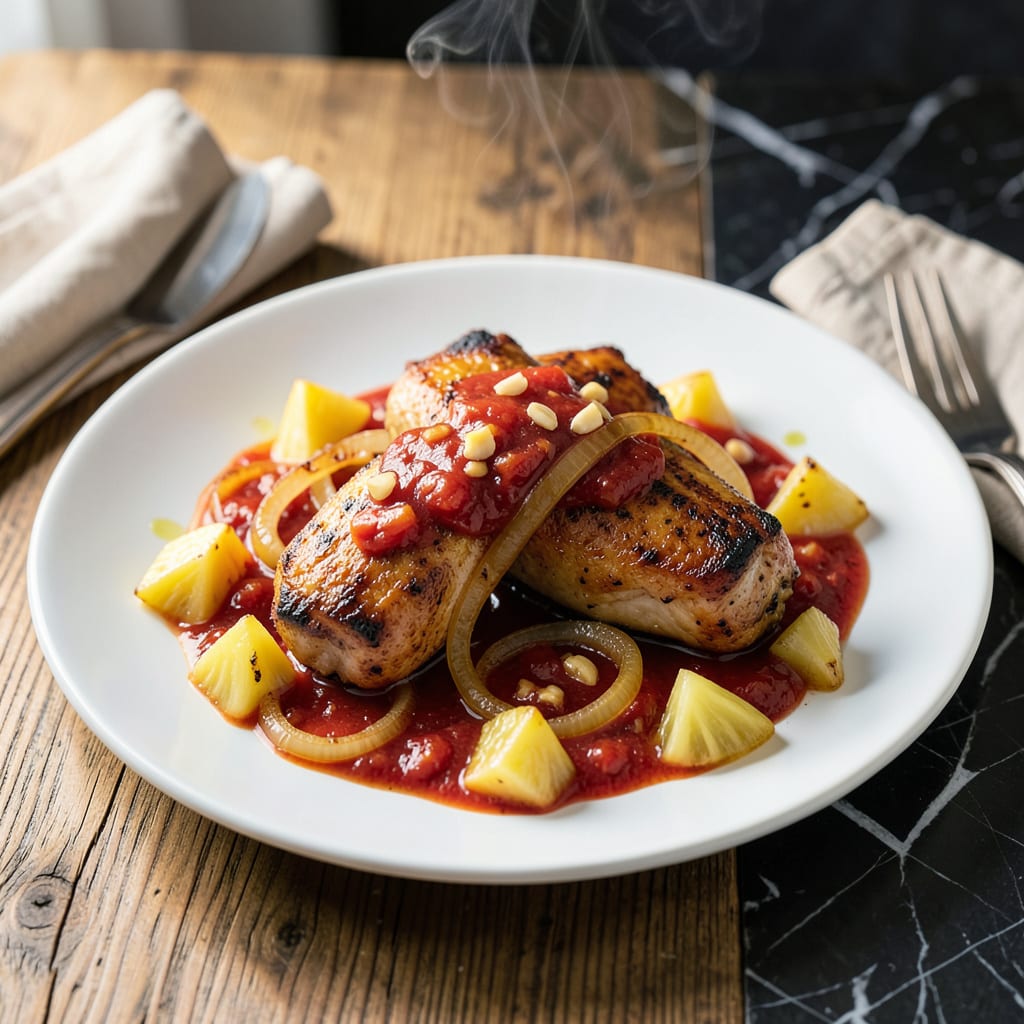 chicken pineapple tomato sauce recipe illustration with key details