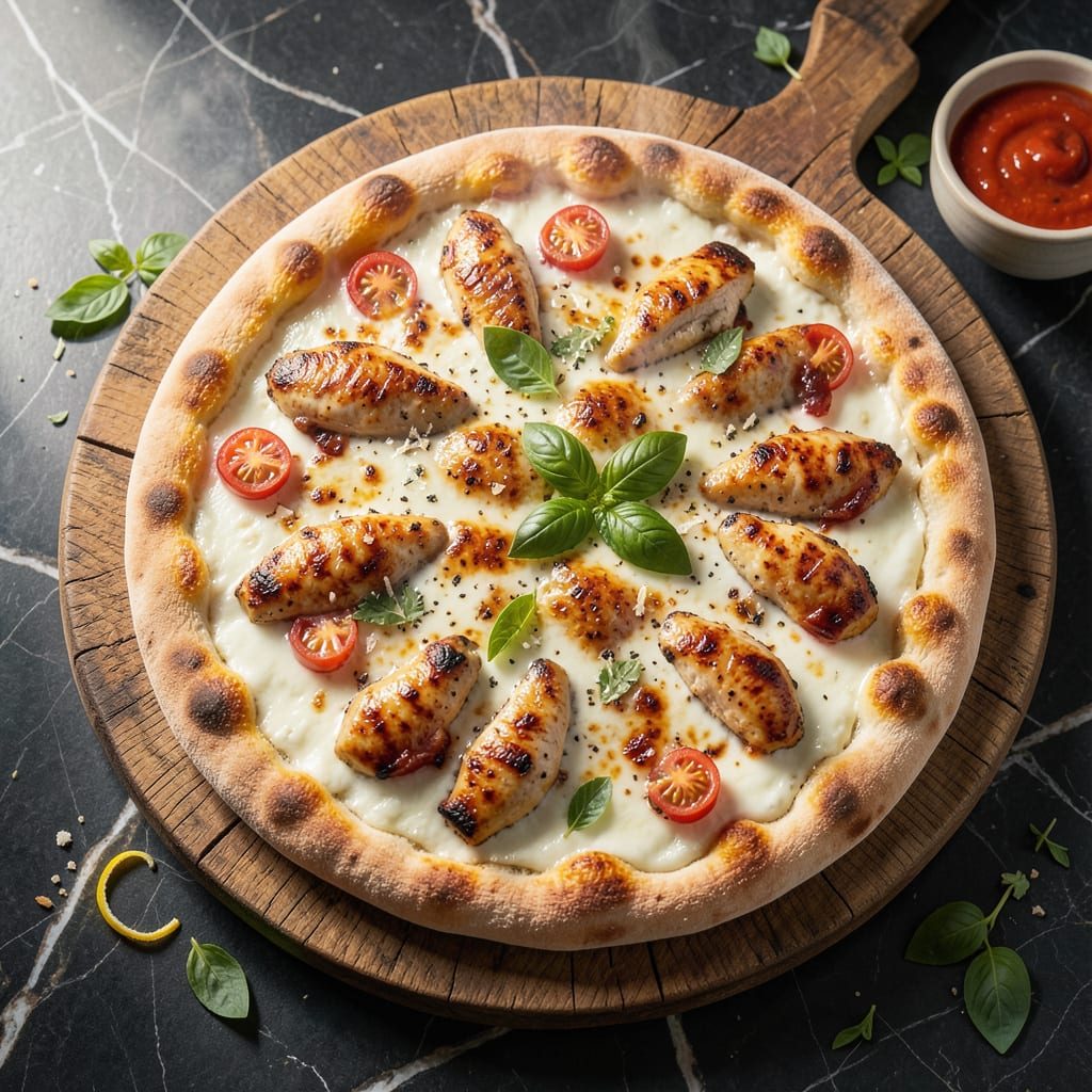 Complete chicken pizza with white sauce recipe overview image