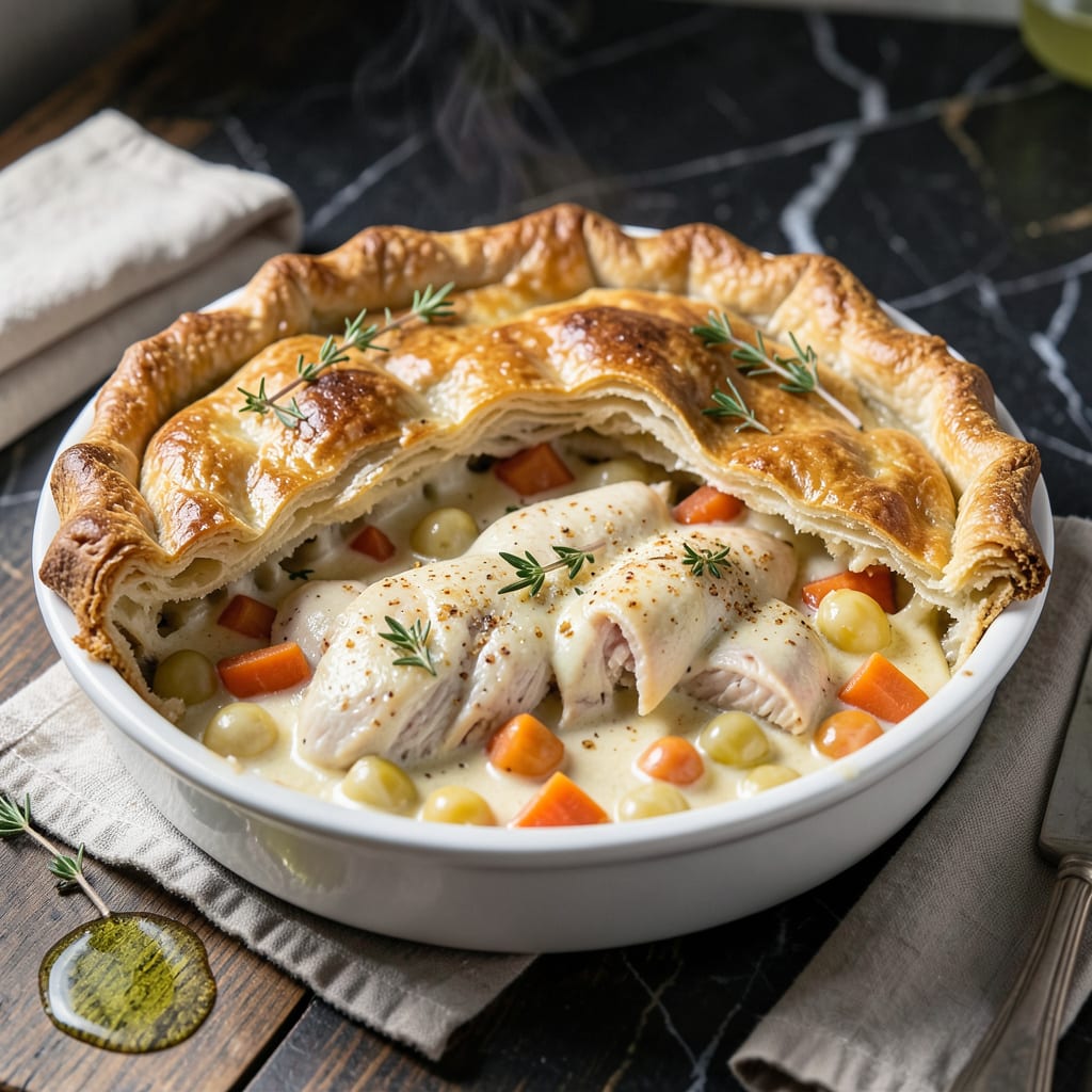 chicken pot pie with alfredo sauce recipe illustration with key details