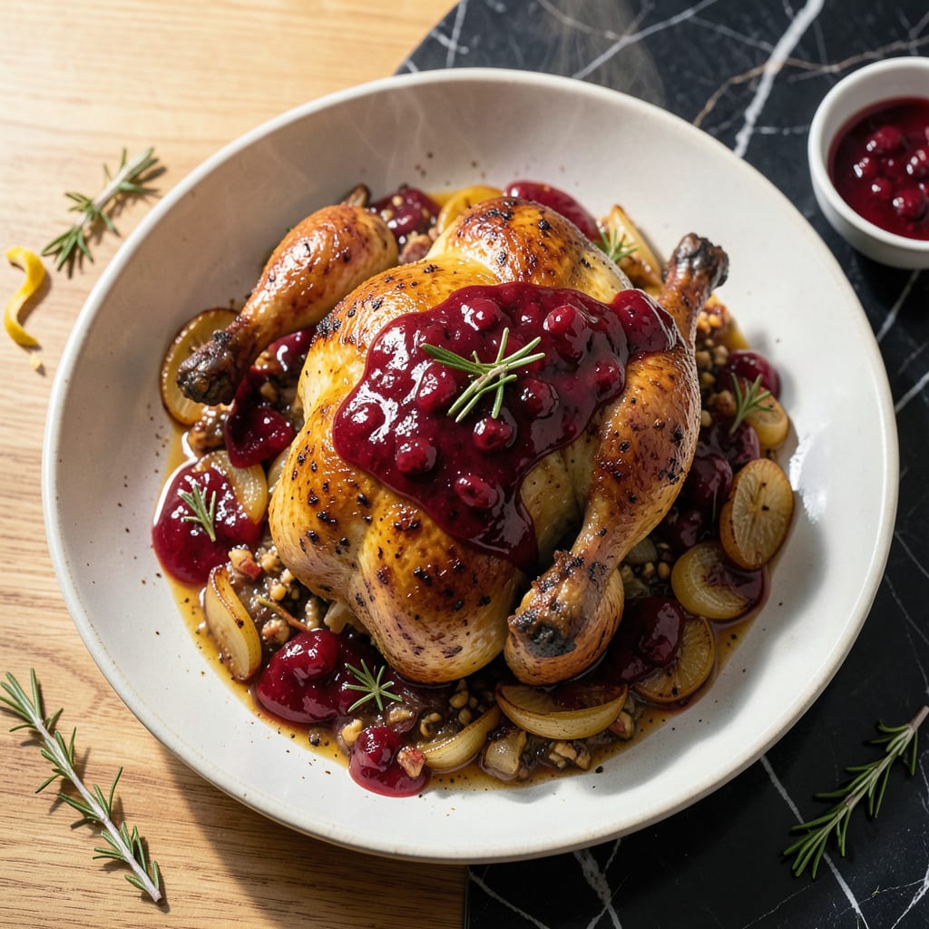 Comprehensive chicken recipe with cranberry sauce and onion soup mix visual reference