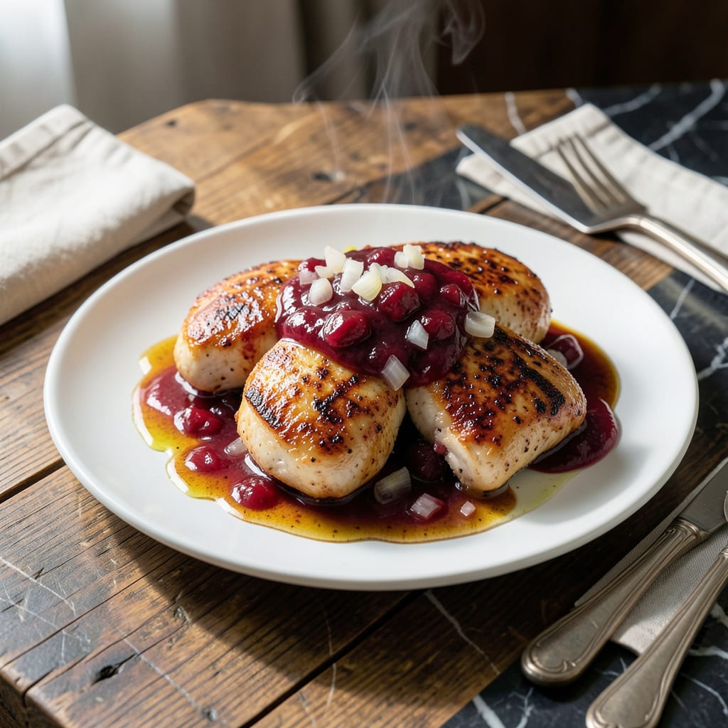 Comprehensive chicken recipe with french dressing and cranberry sauce visual reference
