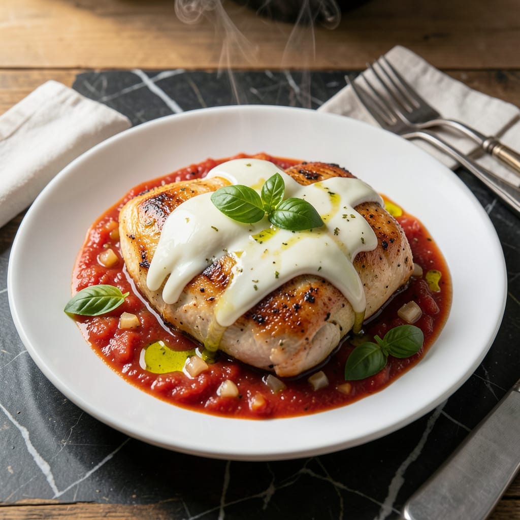 Visual representation of chicken recipe with mozzarella cheese and tomato sauce