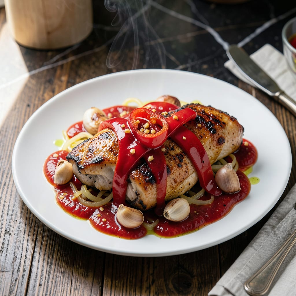 chicken red pepper sauce recipe illustration with key details
