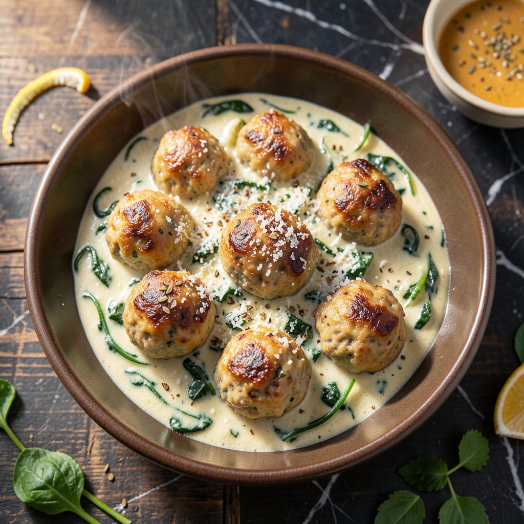 chicken ricotta meatballs with spinach alfredo sauce recipe illustration with key details