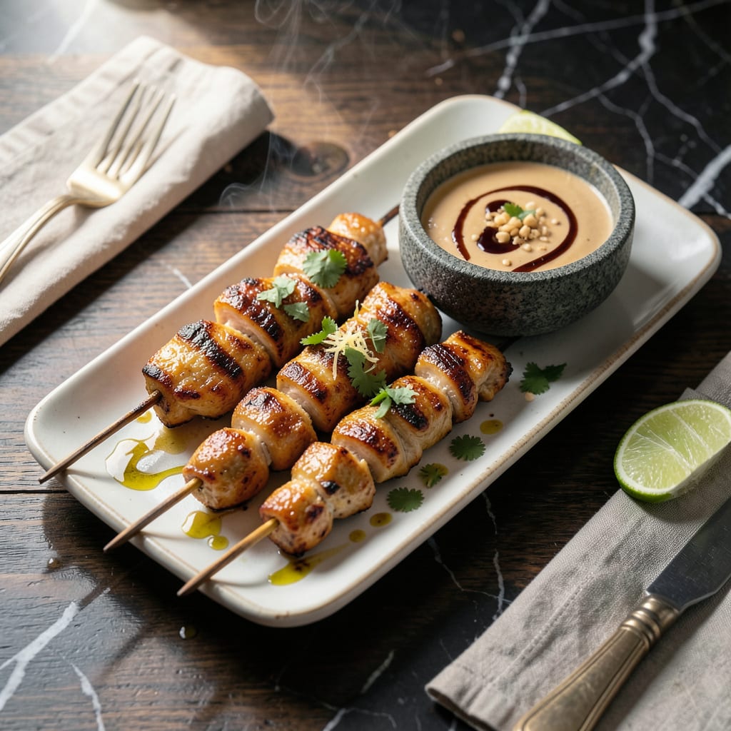 Complete chicken satay peanut dipping sauce recipe overview image