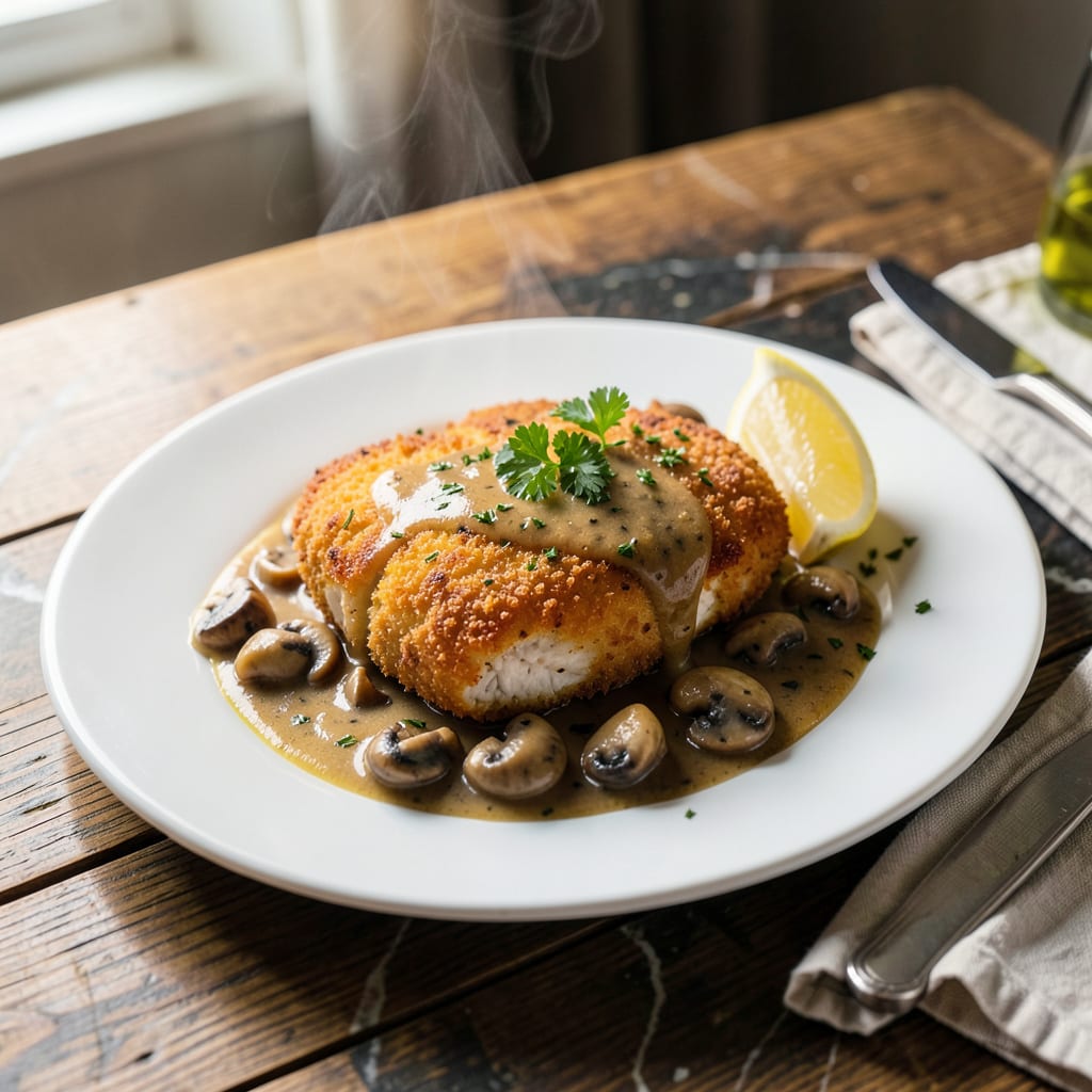 Comprehensive chicken schnitzel recipe with mushroom sauce visual reference