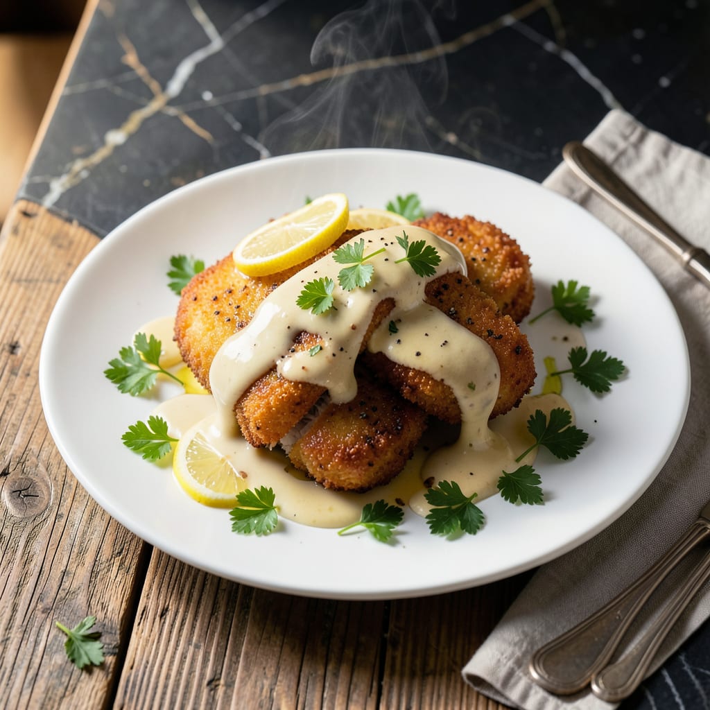 Visual representation of chicken schnitzel recipe with sauce