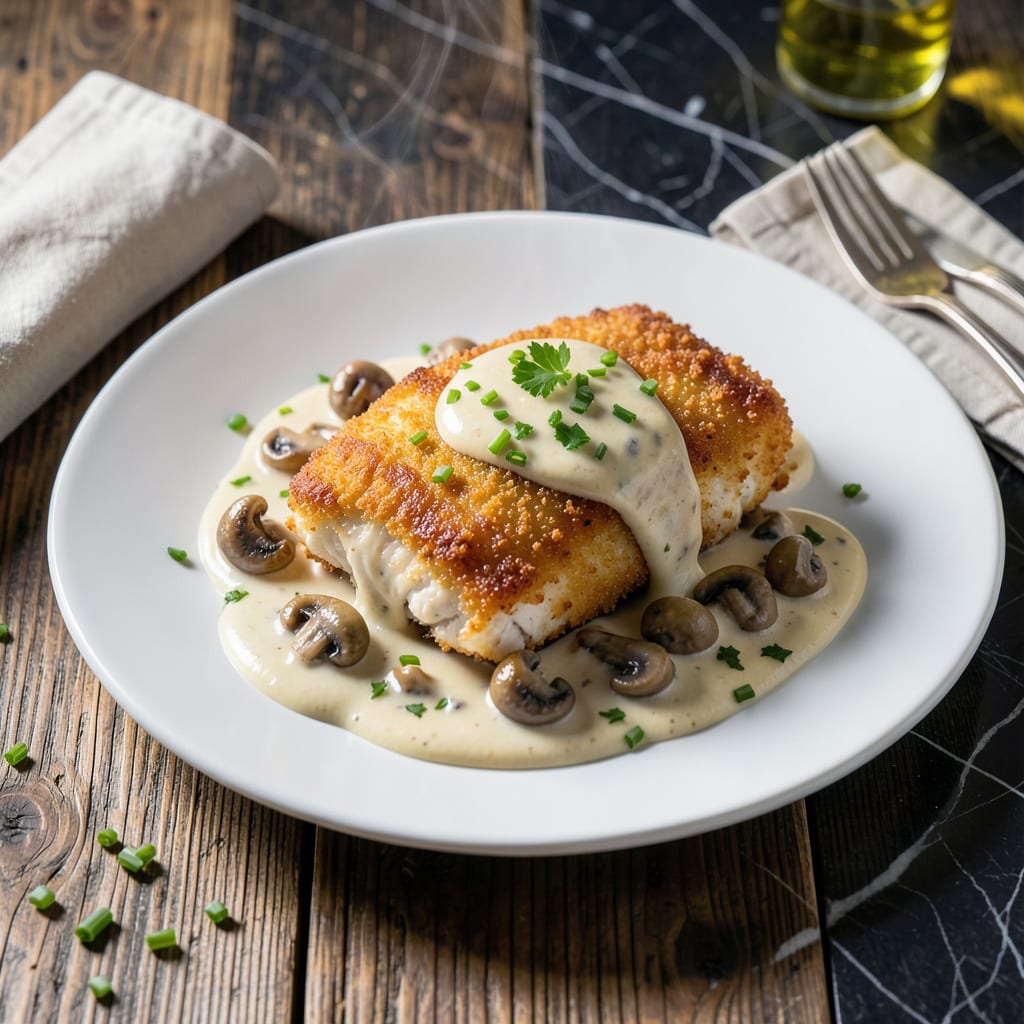 chicken schnitzel with mushroom cream sauce recipe illustration with key details