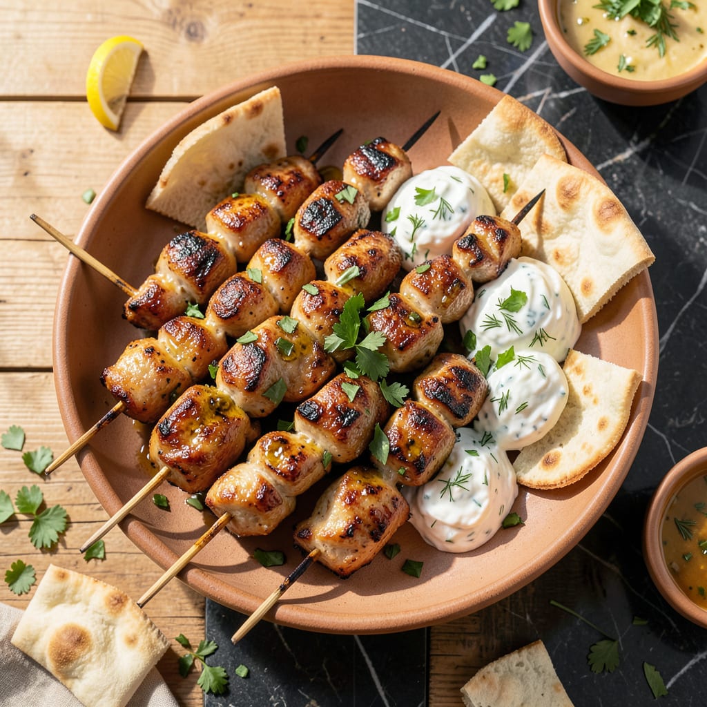 Complete Chicken Souvlaki With Tzatziki Sauce Recipe: Greek Grilled Skewers With Cool Yogurt Dip overview image
