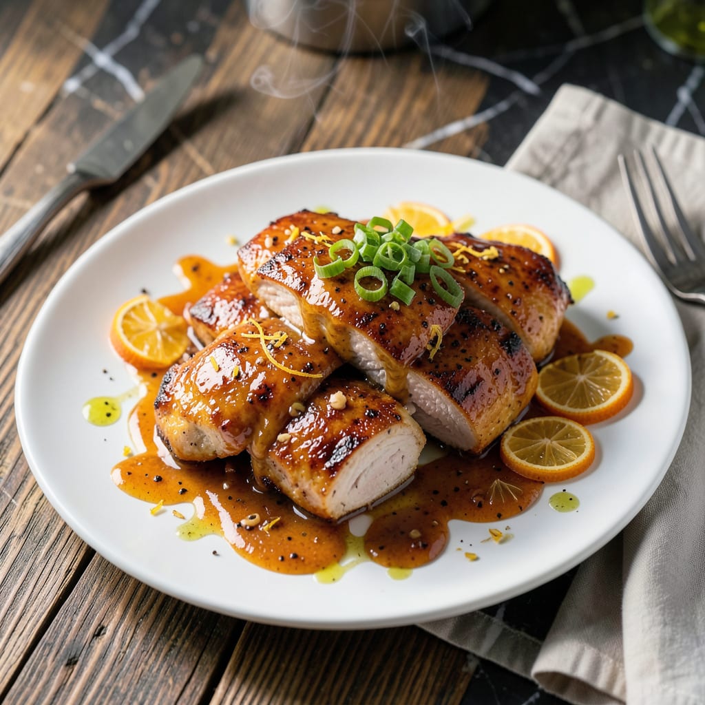 chicken spicy orange sauce recipe illustration with key details
