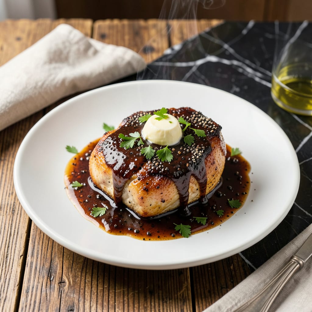 Visual representation of chicken steak recipe with black pepper sauce