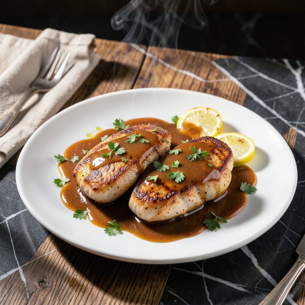 chicken steak recipe with sauce illustration with key details