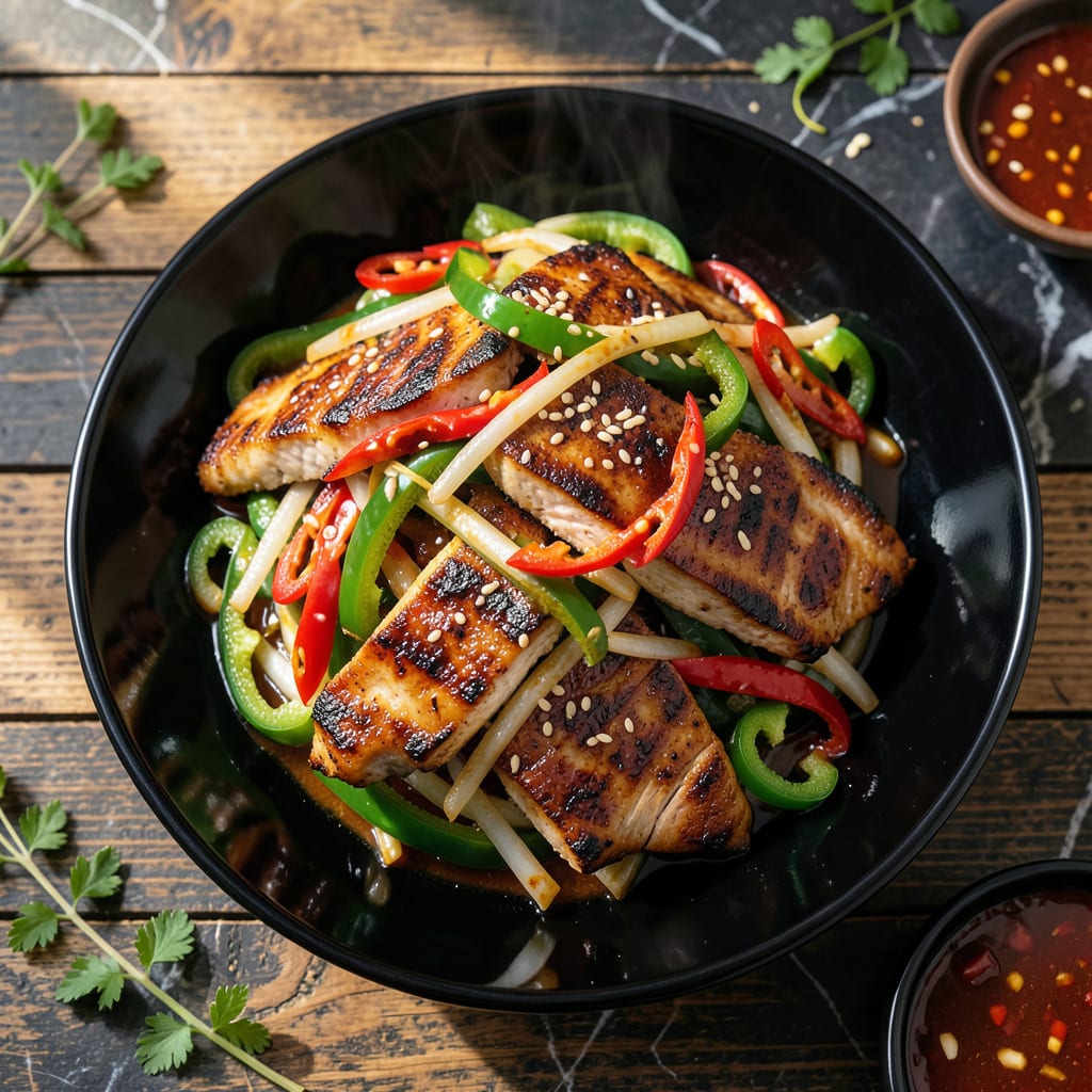 Visual representation of chicken stir fry recipe with chili garlic sauce