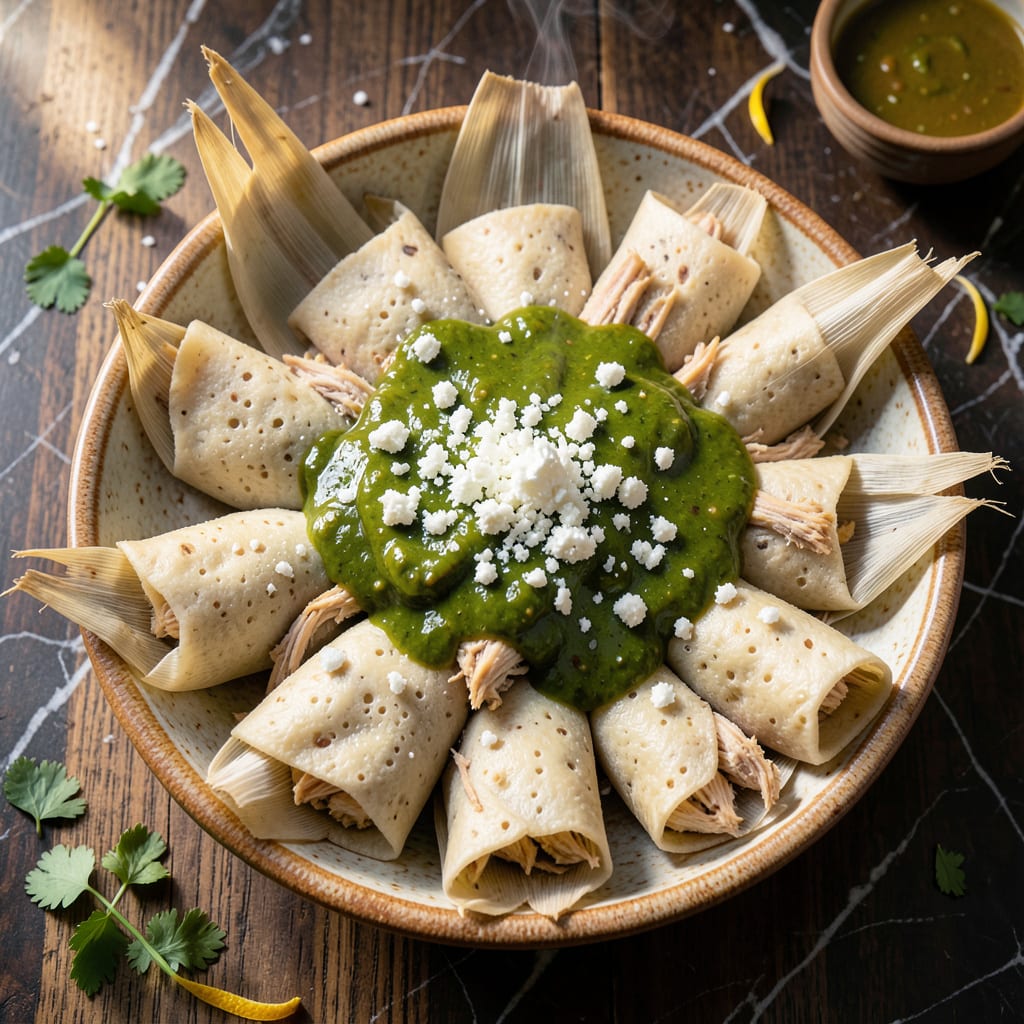 chicken tamale with green sauce recipe illustration with key details