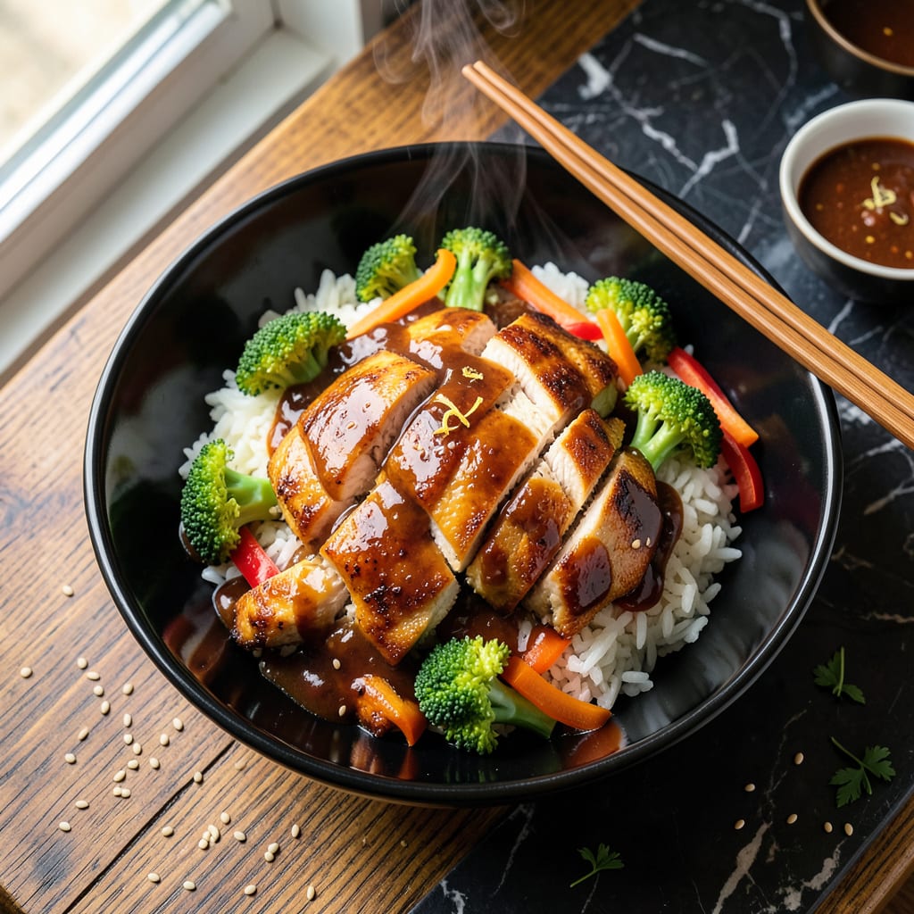 chicken teriyaki bowl recipe with store bought sauce illustration with key details