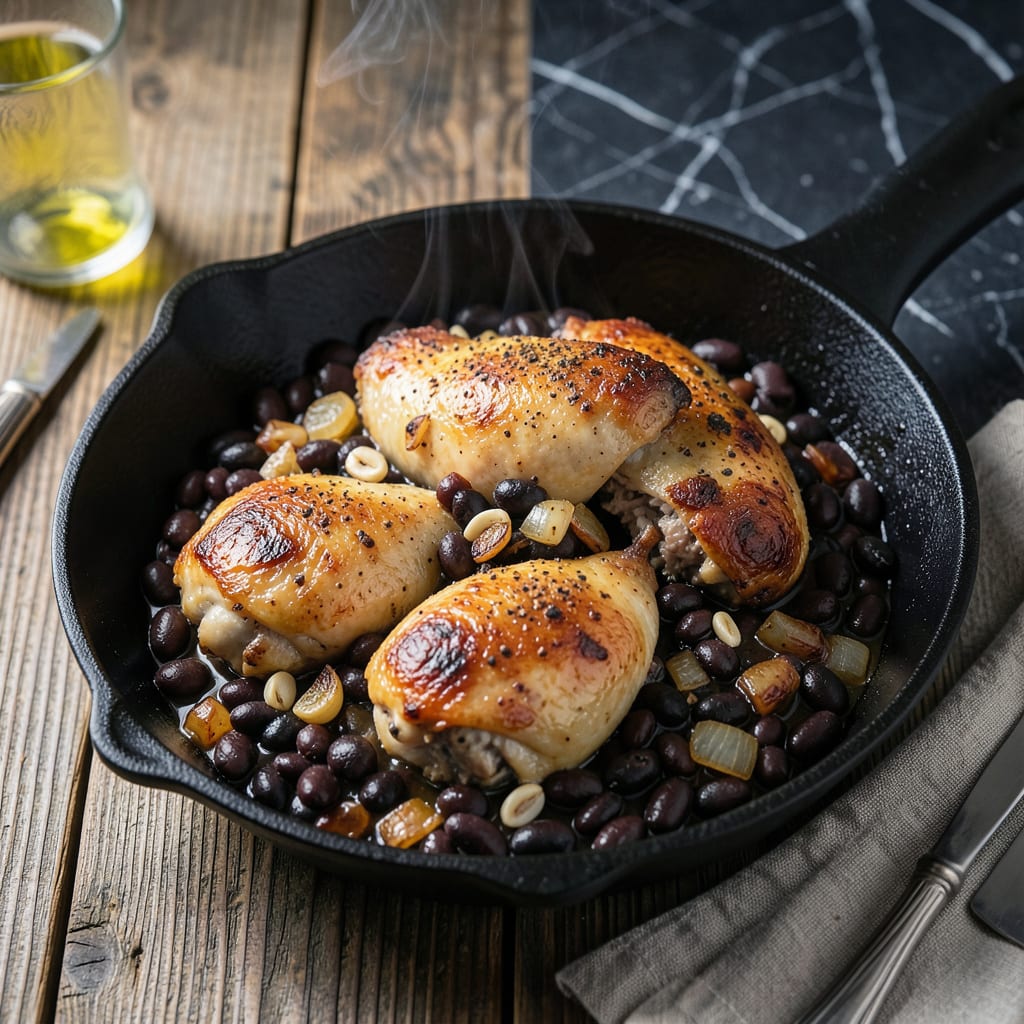 chicken thigh black bean recipe illustration with key details