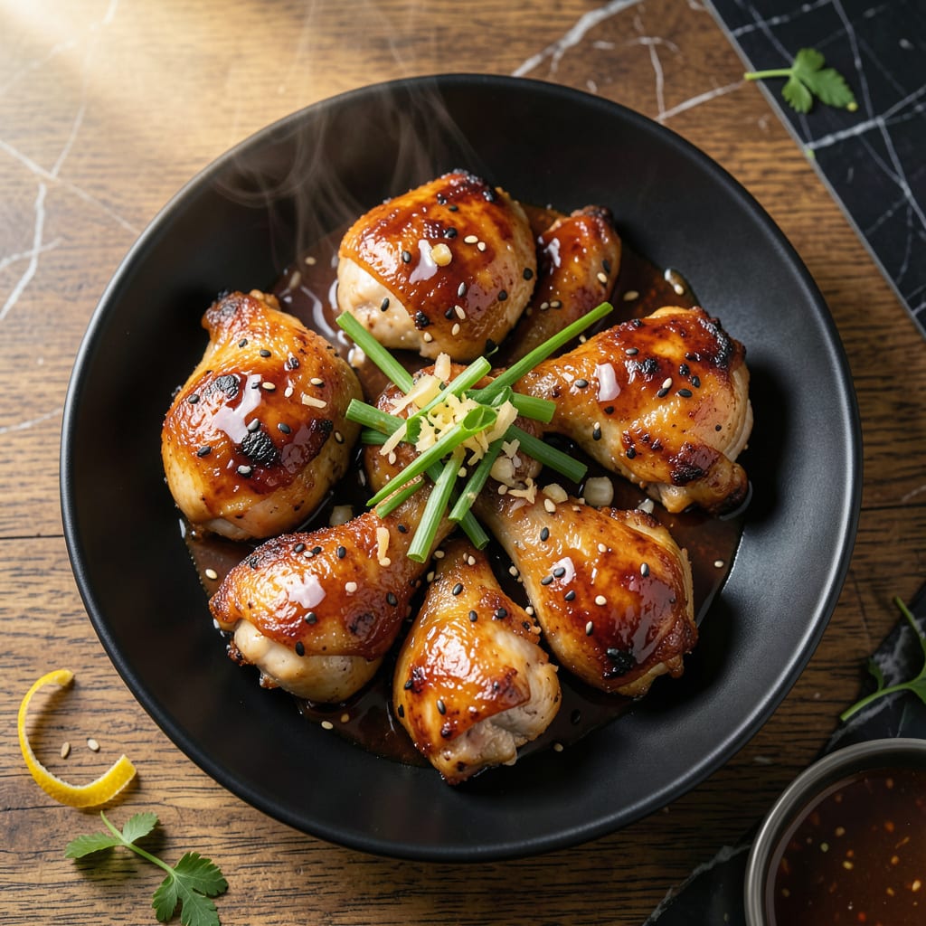 chicken thigh recipe with soy sauce and brown sugar illustration with key details