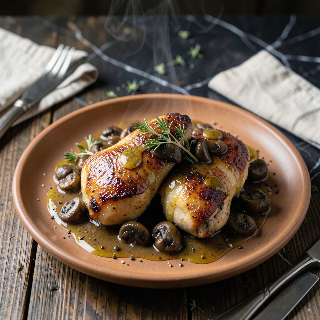 Visual representation of chicken thigh with mushroom sauce recipe