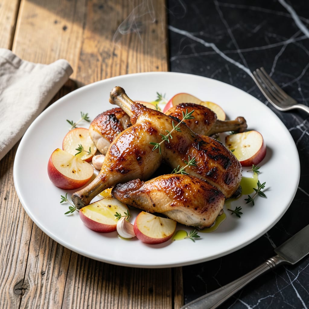 chicken thighs and apples recipe illustration with key details