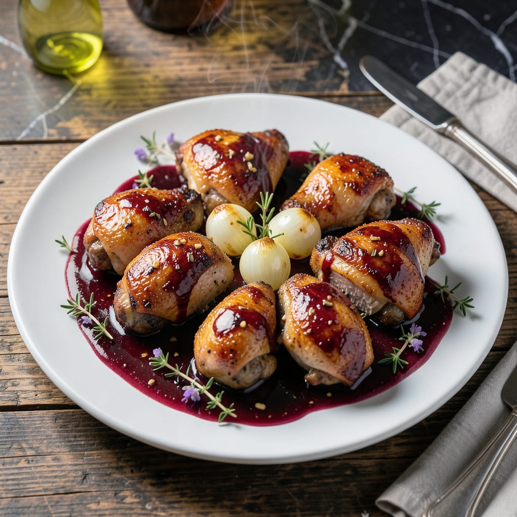 chicken thighs in red wine sauce recipe illustration with key details