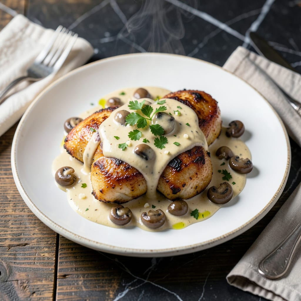 chicken thighs with creamy mushroom garlic sauce recipe example with annotations