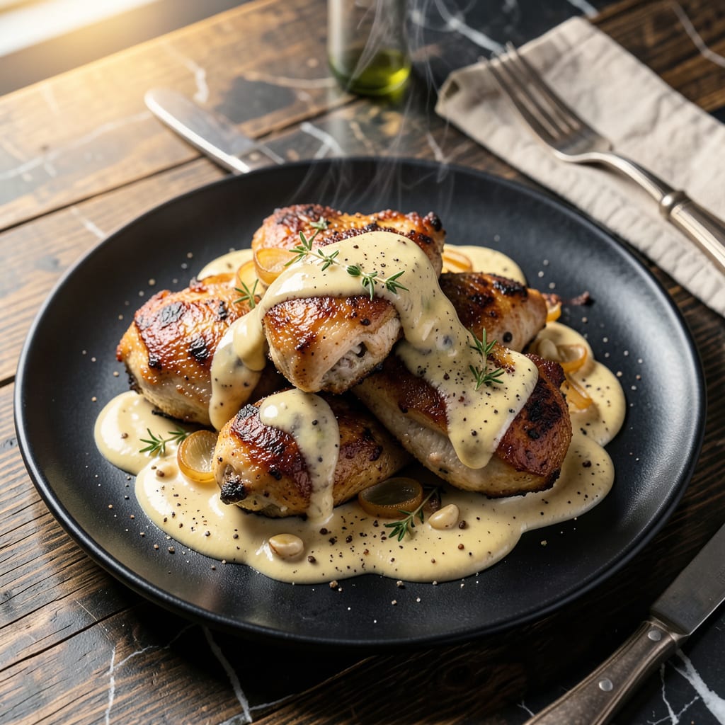 Visual representation of chicken thighs with creamy mustard sauce recipe
