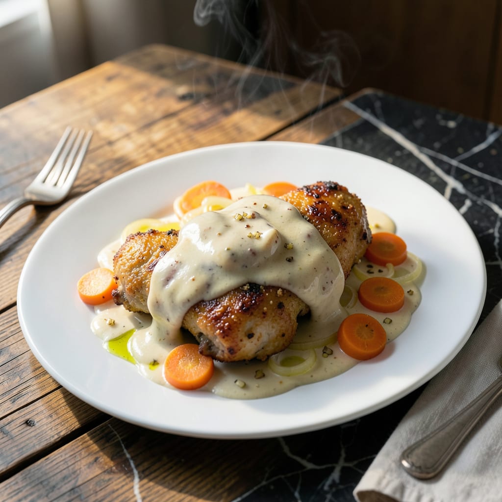 Chicken White Sauce Recipe Filipino: Homestyle Creamy Chicken Afritada illustration with key details