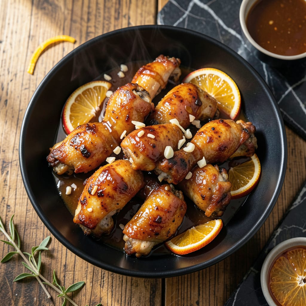 chicken wing recipe with soy sauce and orange juice illustration with key details