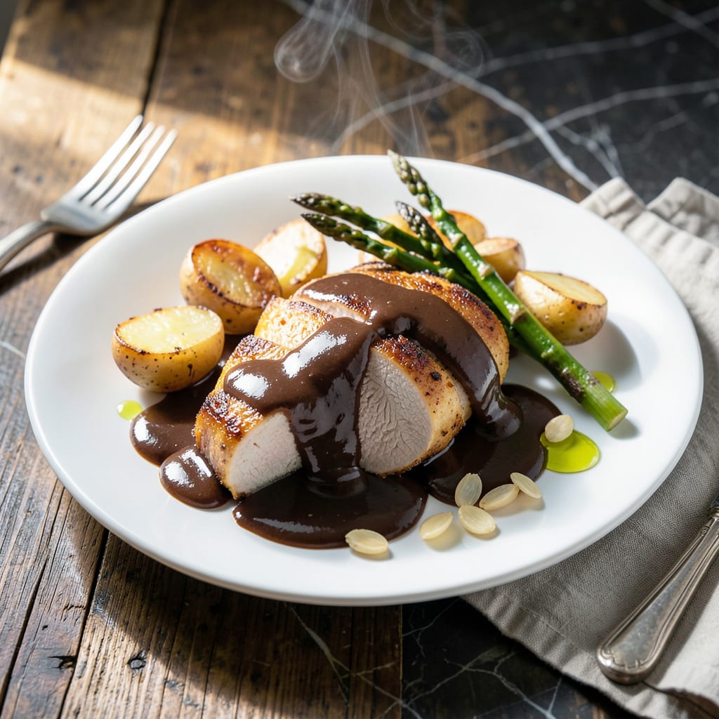 Visual representation of chicken with chocolate sauce recipe