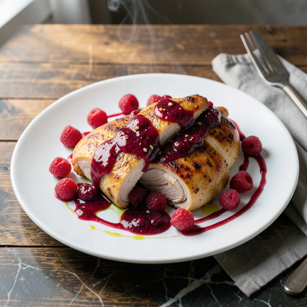 chicken with raspberry sauce recipe illustration with key details
