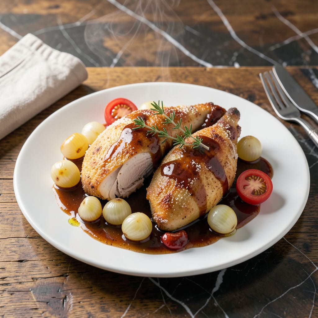Complete chicken with sherry wine sauce recipe overview image