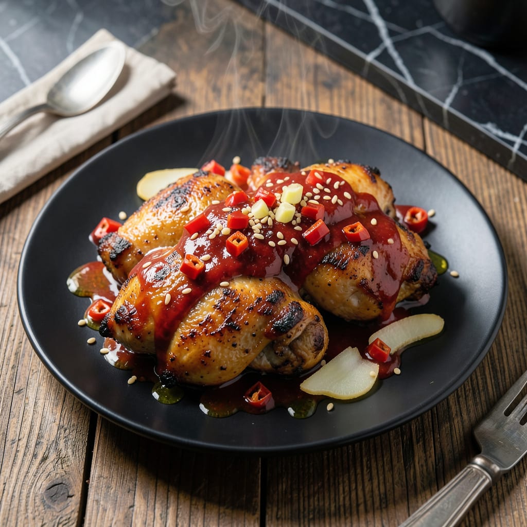 chicken with spicy garlic sauce recipe illustration with key details