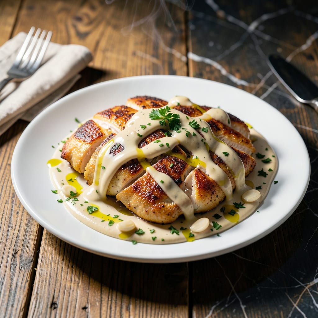 Visual representation of chicken with tahini sauce recipe