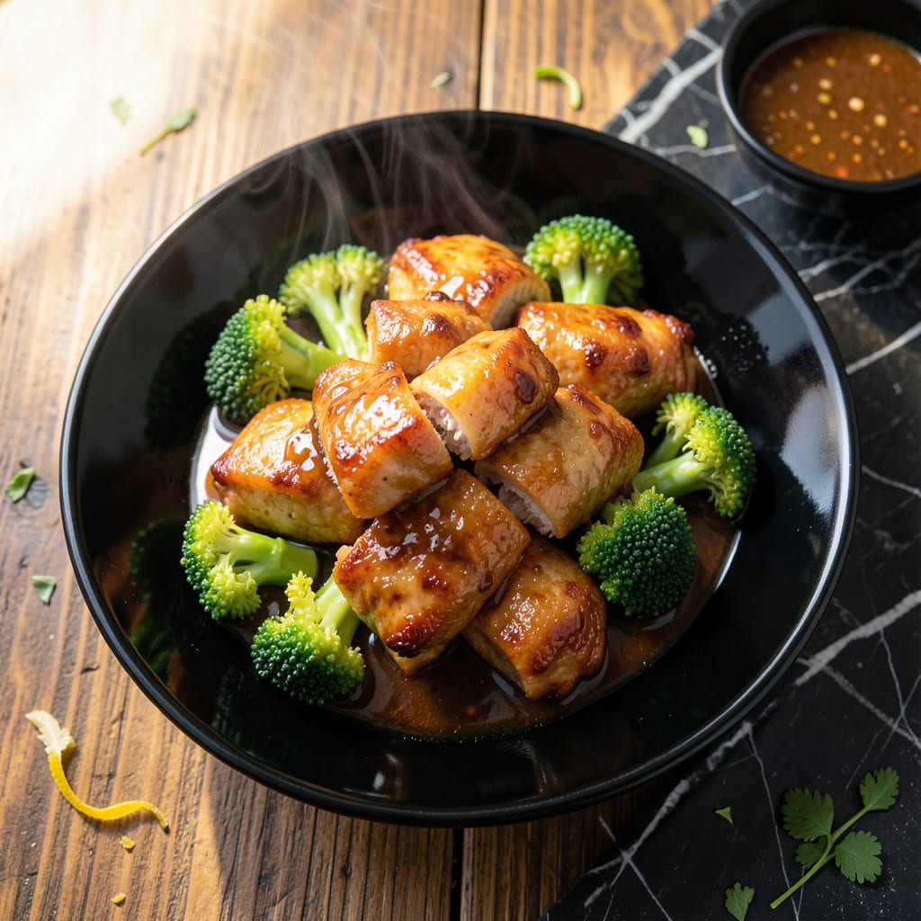 chinese chicken and broccoli in garlic sauce recipe illustration with key details