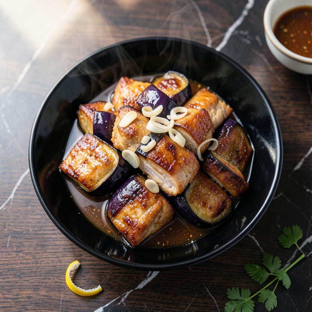 Visual representation of chinese chicken and eggplant in garlic sauce recipe
