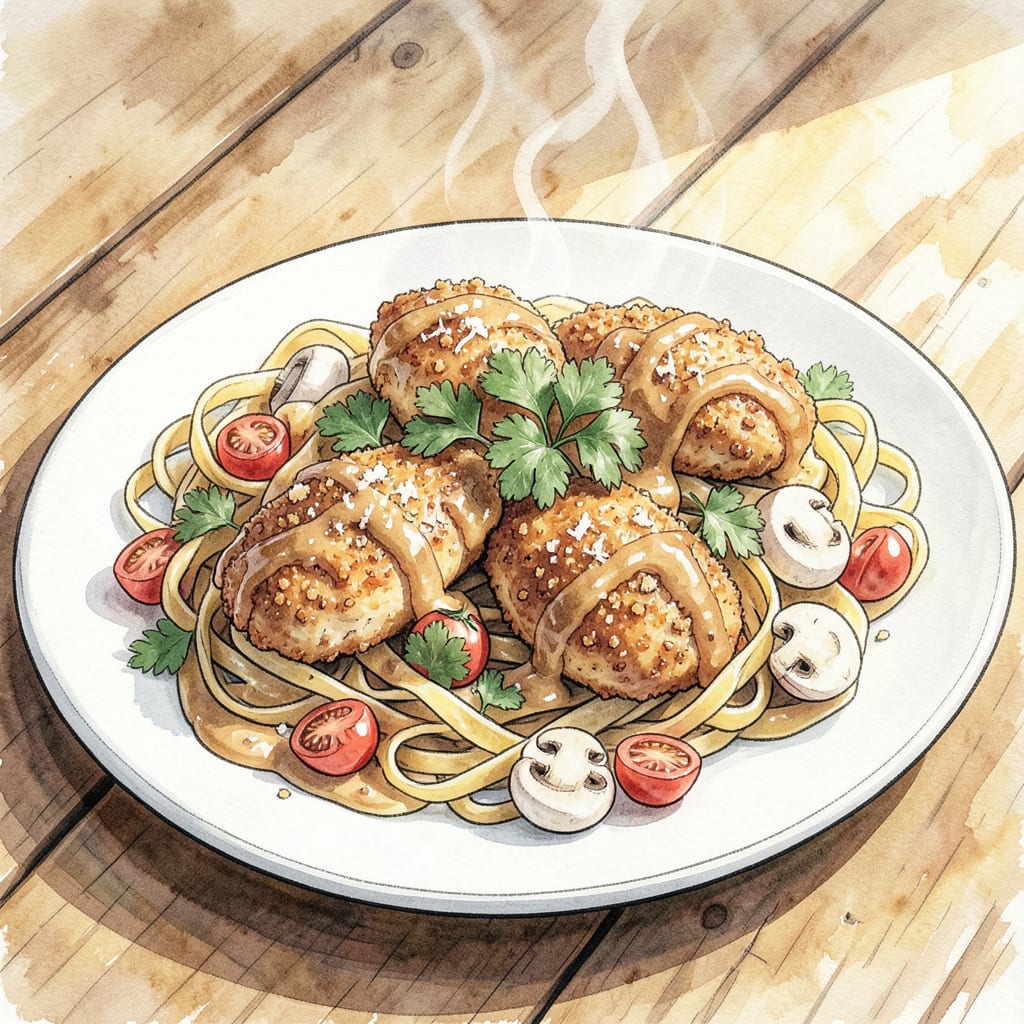 Crispy Chicken Alfredo Recipe: Creamy Fettuccine with Crunchy Chicken illustration with key details