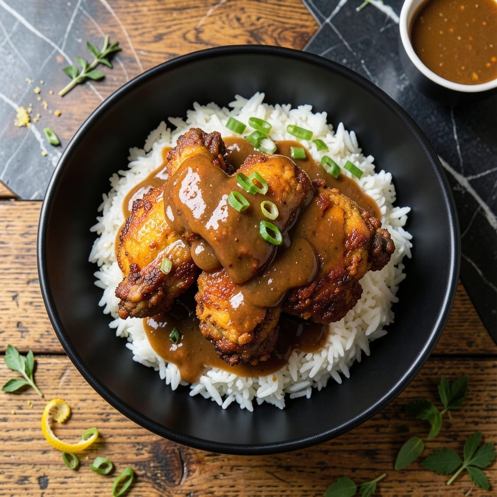 Fried Chicken With Gravy and Rice Recipe: Crispy Bites Over Creamy Beds