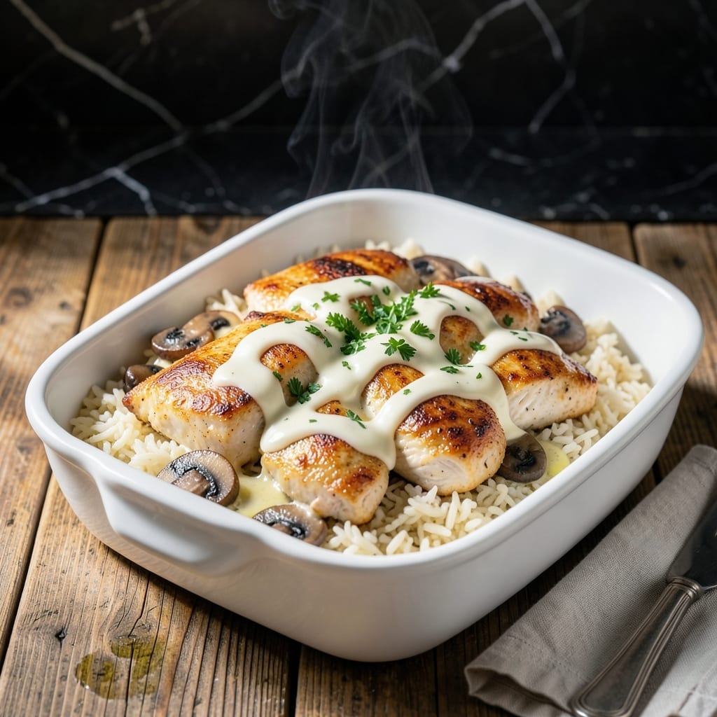 Chicken Rice Bake Recipe Cream Mushroom: Golden Crust Over Creamy Comfort