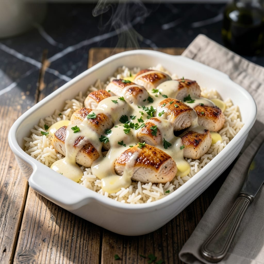 Creamy Chicken and Rice Bake Recipe: Velvety Sauce Over Fluffy Grains