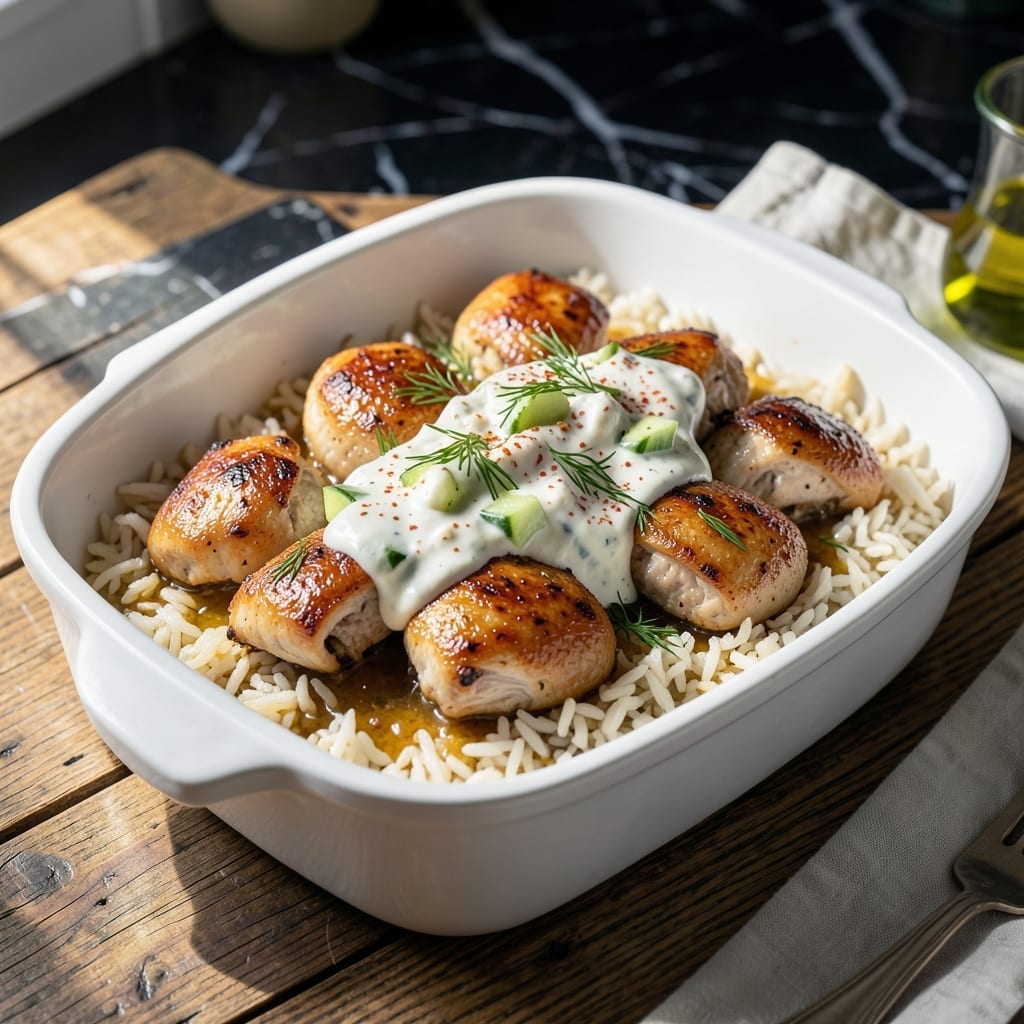 Dump and Bake Chicken Tzatziki With Rice Recipe: Effortless Greek-Inspired Dinner