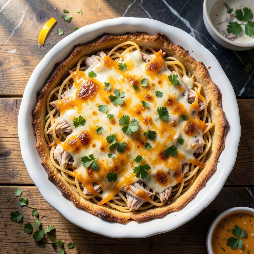 Chicken Spaghetti Pie Recipe: Cheesy Pasta Layers in a Golden Crust