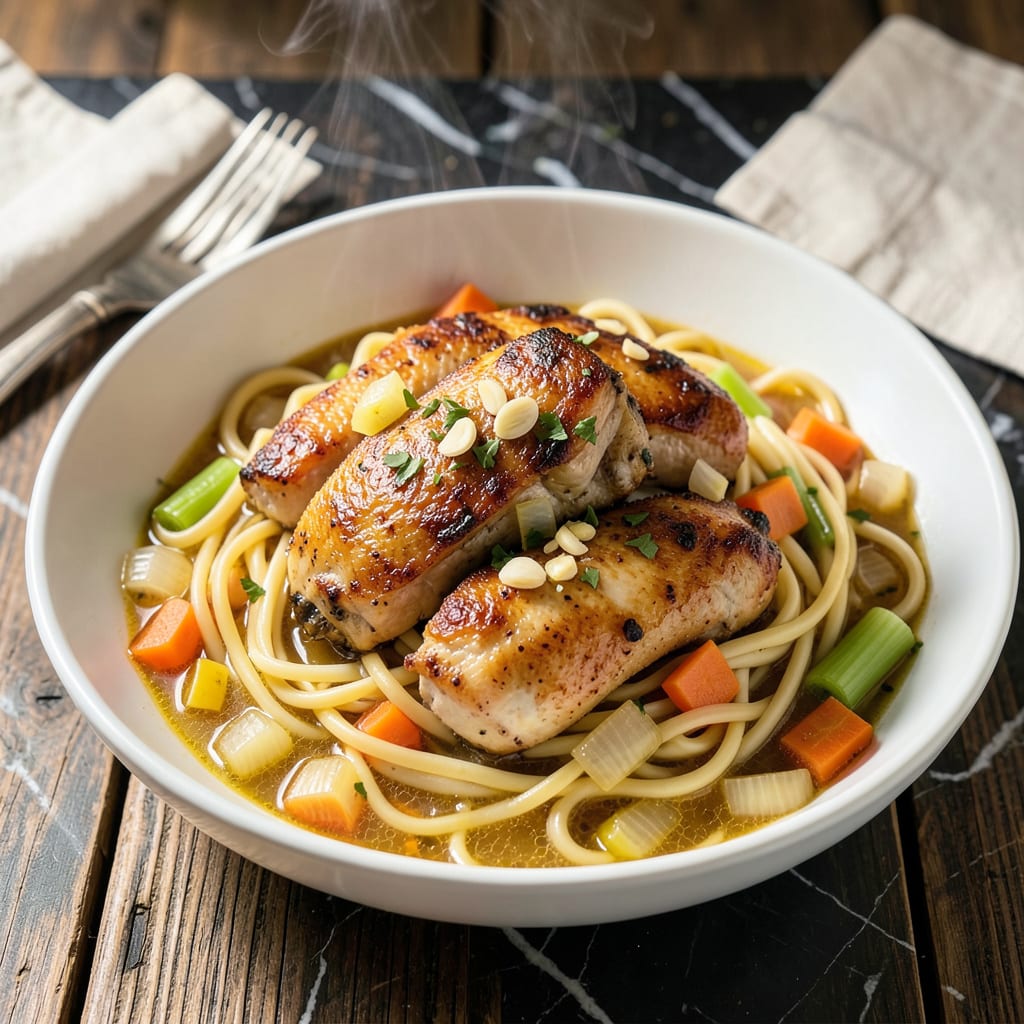 egg noodle chicken broth recipe illustration with key details