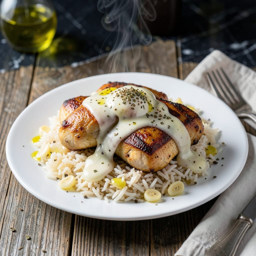 New York Style Chicken Over Rice Recipe: White Sauce and Tender Chicken on Fluffy Grains
