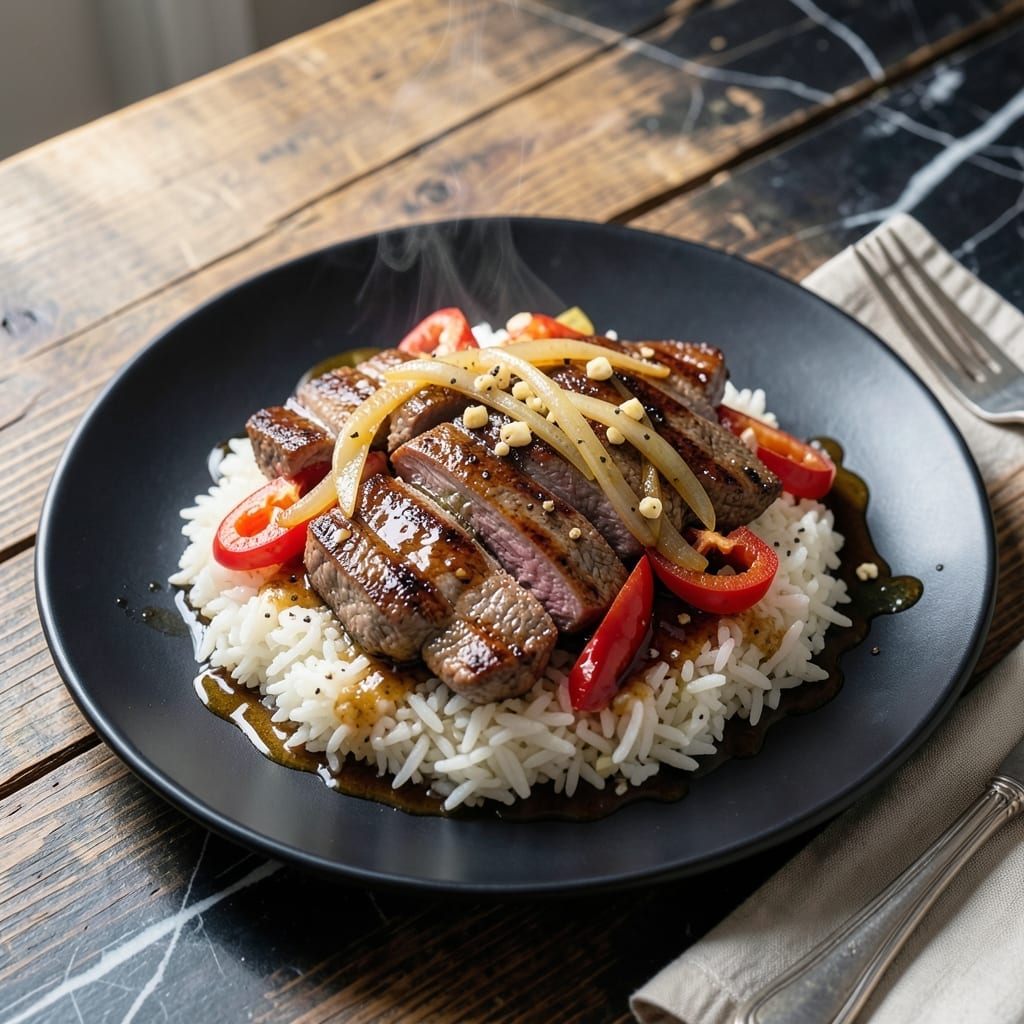 Pepper Steak and Rice Recipe: Tender Strips With Savory Soy Glaze Pepper Steak and Rice Recipe: Tender Strips With Savory Soy Glaze