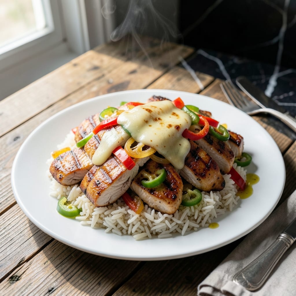 Chicken Philly Over Rice Recipe: Cheesy Peppers and Onions on Fluffy Grains
