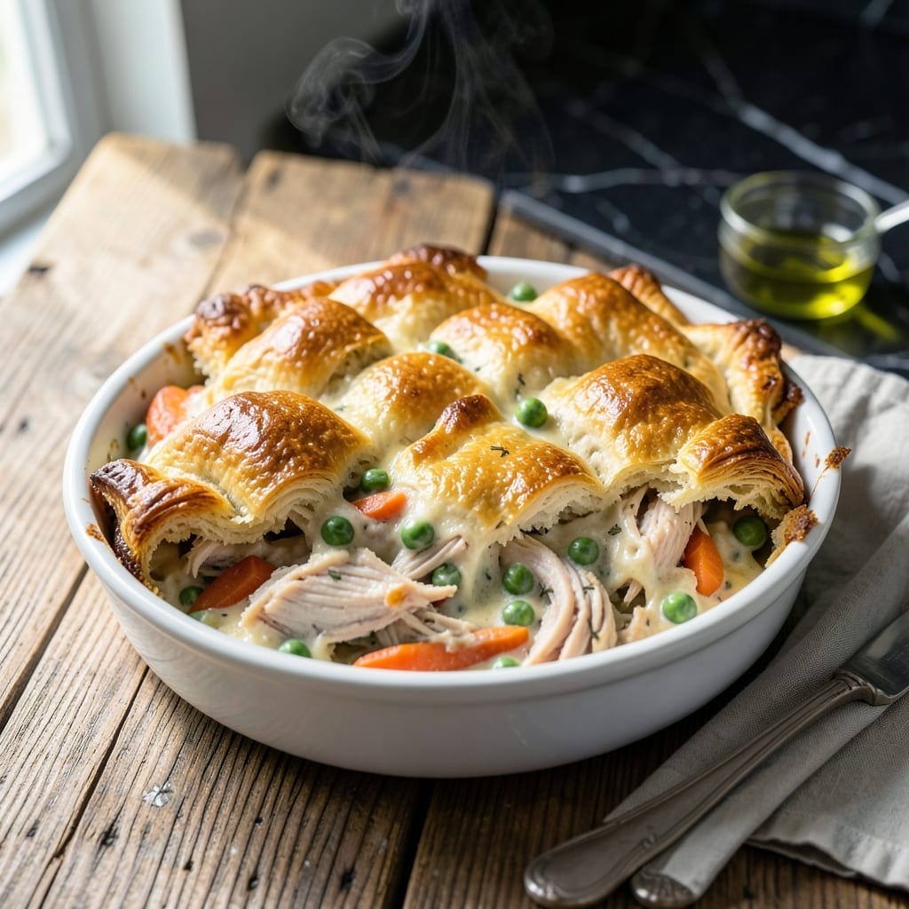 Chicken Pot Pie Recipe With Rotisserie Chicken And Biscuits: Flaky Topping Over Creamy Filling Chicken Pot Pie Recipe With Rotisserie Chicken And Biscuits: Flaky Topping Over Creamy Filling