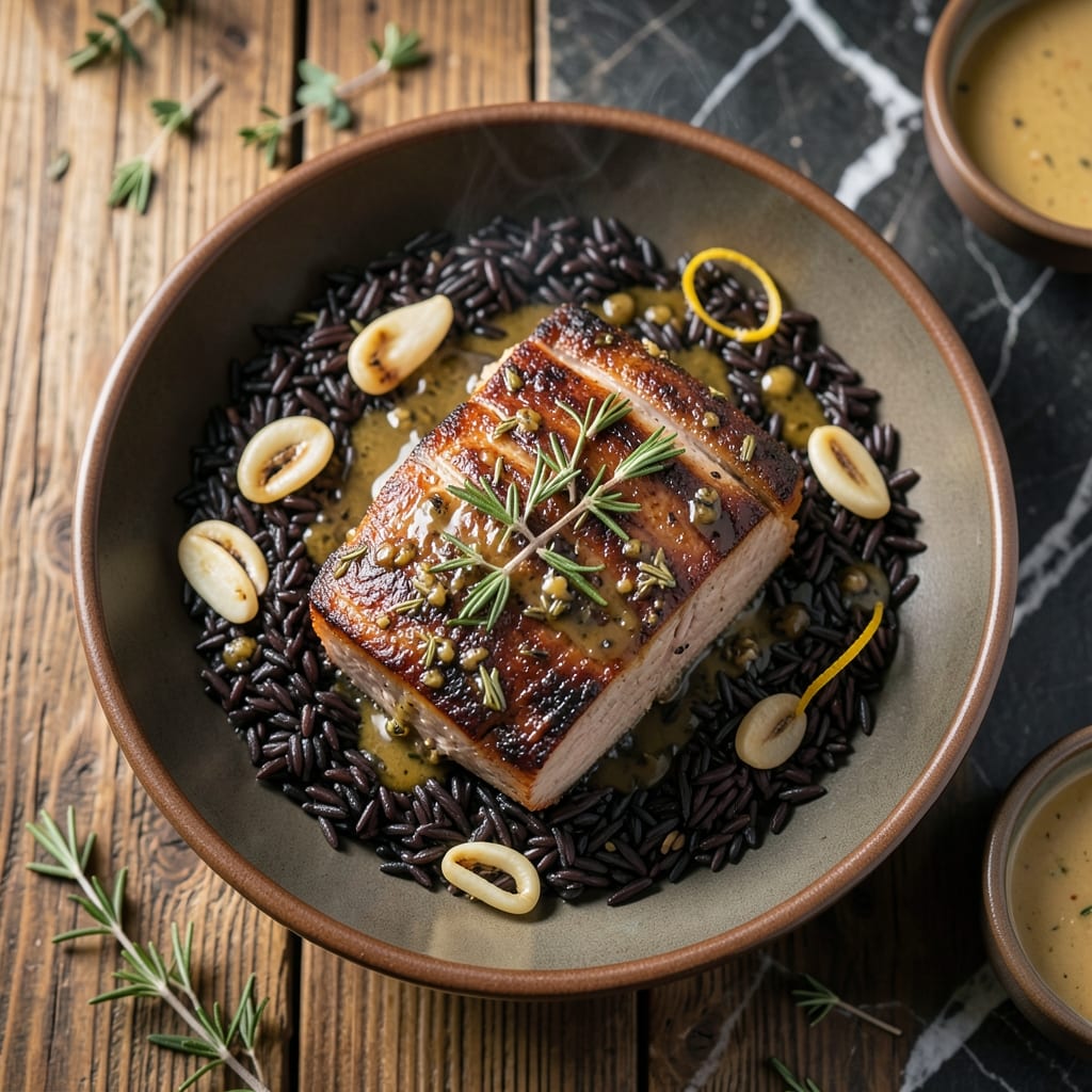 Pork Loin and Wild Rice Recipe: Herb-Crusted Meat Over Nutty Grains