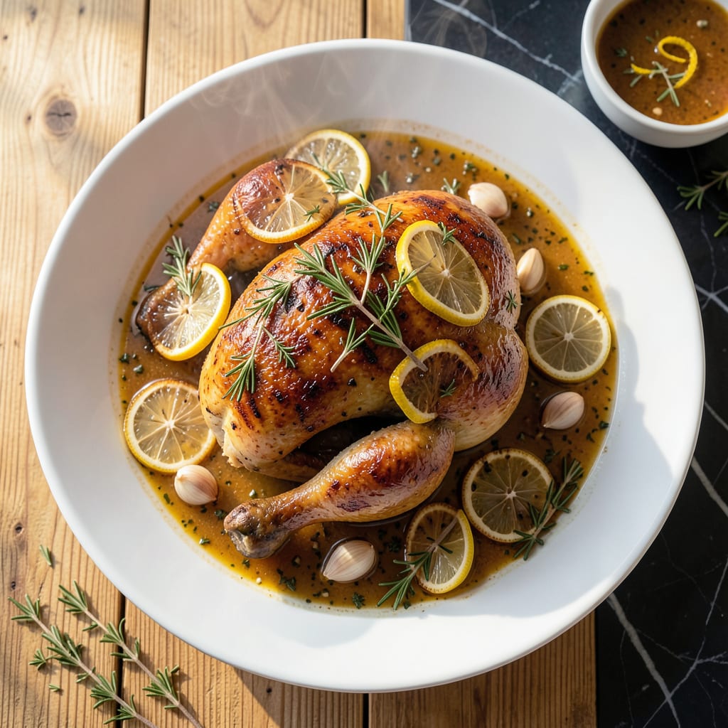 lemon garlic roasted chicken recipe illustration with key details
