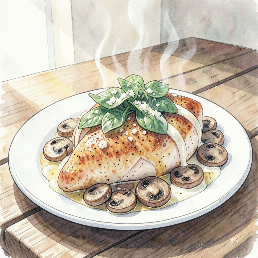 Visual representation of mushroom spinach chicken recipe